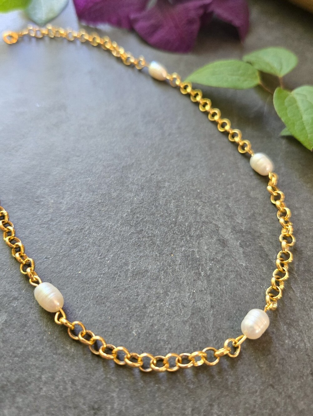 NWT Artisan Made 24k Gold Plated Pearl Station Choker - Picture 5 of 5